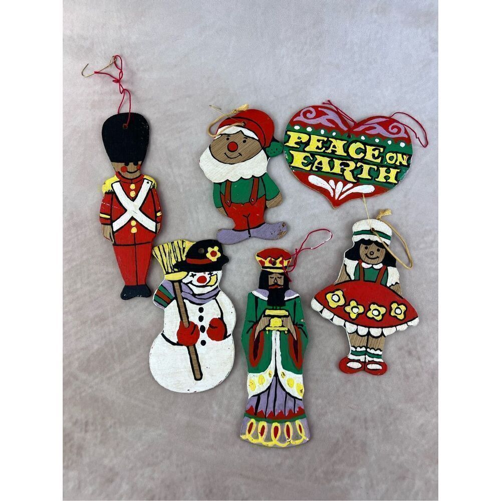 Vintage Set of 6 1970s Wooden Ornaments